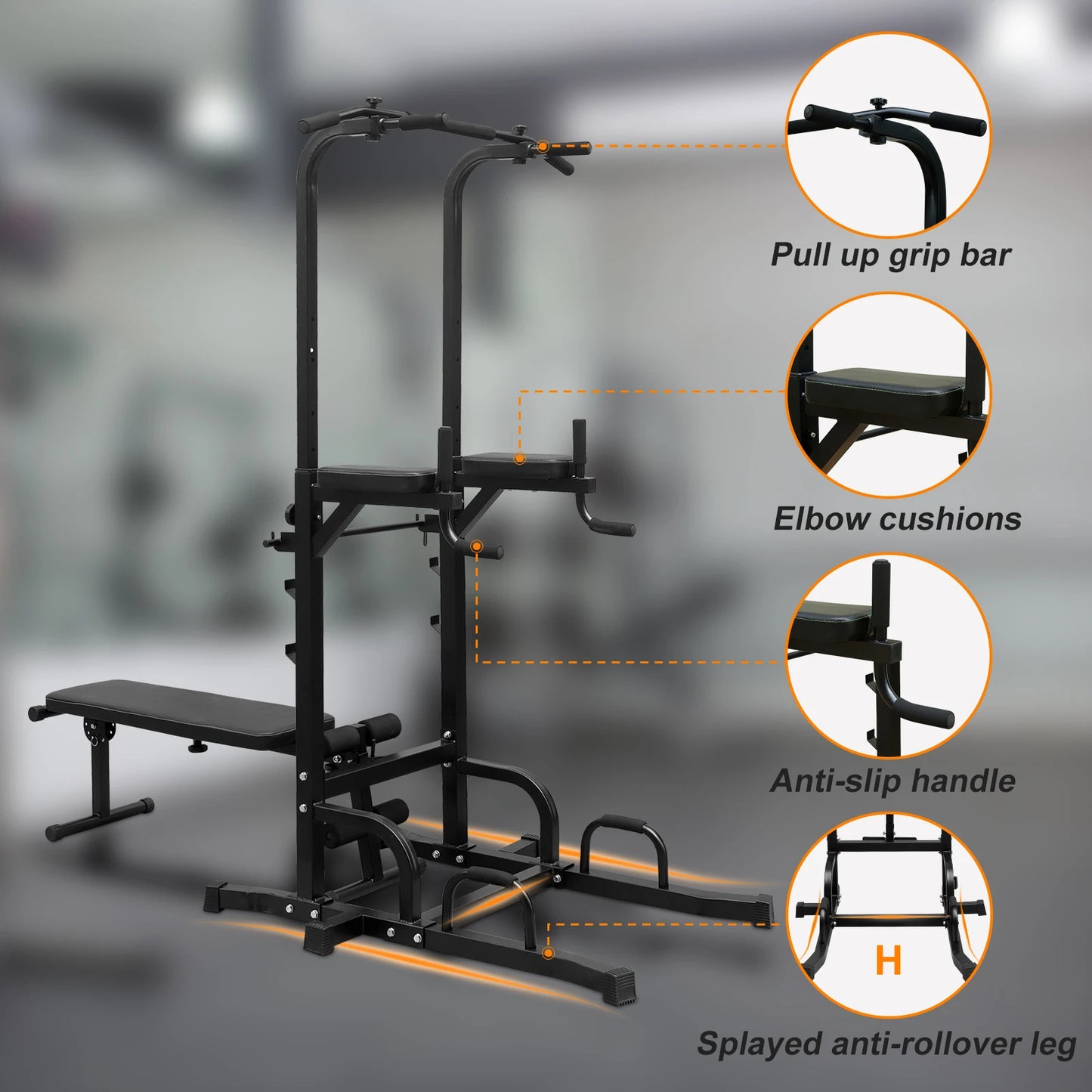 Power Tower Dip Station with Bench Pull up Bar Stand Adjustable Height Heavy Duty Multi-Function Fitness Training Equipment For